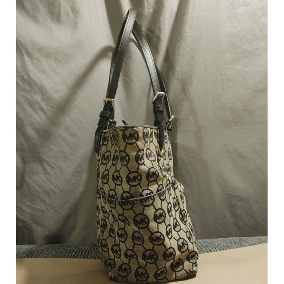 Michael Kors Jet Set Tote Leather and Canvas Black and Tan Logo - Picture 5 of 15